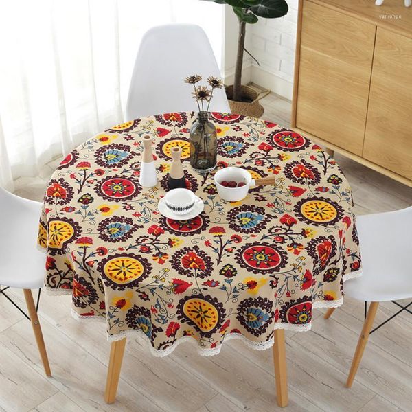 Tale da mesa Bohemia Toinha de mesa Custom Folk-Custom 150cm Redonda Tampa redonda de algodão floral Rural Rural Edge el decorativo