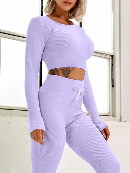 Completi da yoga Abbigliamento da yoga senza cuciture Tuta sportiva da donna Tuta da fitness a costine Top a maniche lunghe Leggings con coulisse Allenamento in palestra Abbigliamento sportivo AA230509