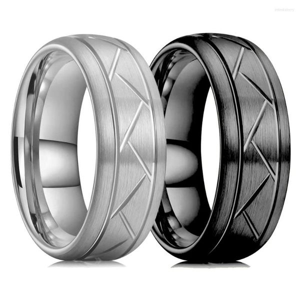 Обручальные кольца Классический 8-миллиметровый купольный диагональный канавок Черная титановая сталь для мужчин серебряный цвет.