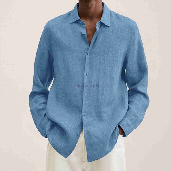 Camicie casual da uomo Primavera Uomo Lino sciolto Solid manica lunga Colletto rovesciato Bottone Retro Autunno Camicia per camicetta maschile Top sexy Y23 all'ingrosso