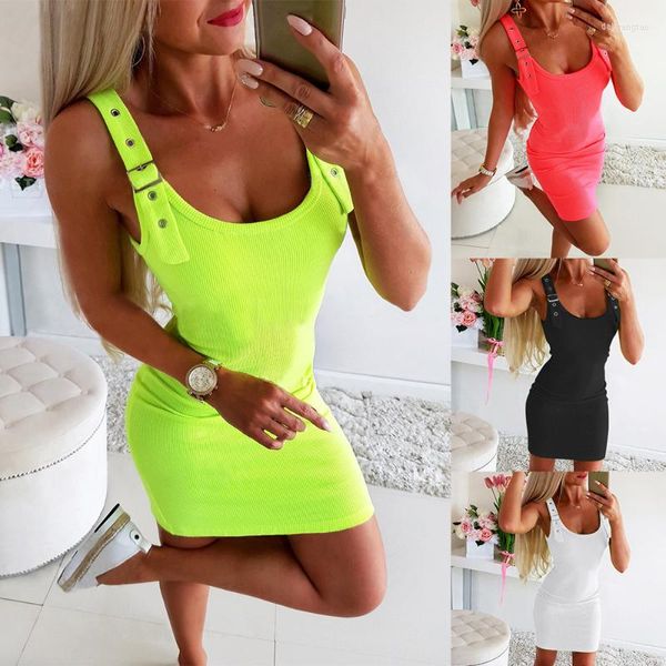 Casual Kleider Neon Farbe Elegantes Kleid Frauen Sommer Büro Damen High Street Strand Freizeit Urlaub Kurze Mini Schulter Gurt Mujer