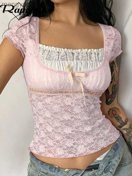 T-shirt da donna Rapcopter y2k Pink Trim Crop Top Bow Cute Sweet T Shirt Donna Retro manica corta in pizzo Patched Summer Tee Prepply Tshirt coreana T230510
