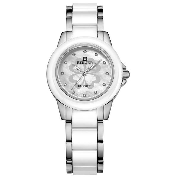 Нарученные часы подлинный Binger1120 серия вишневых цветов Quartz Watch Женщина леди Грейс Leisure Time Business Lceramics Sapphire Crystal