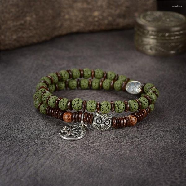 Strand Vintage Natural Green Perline vulcaniche Bracciale Buddha tibetano Chakra Pietra lavica Diffusore Braccialetti Gioielli Regali per le donne Y1021