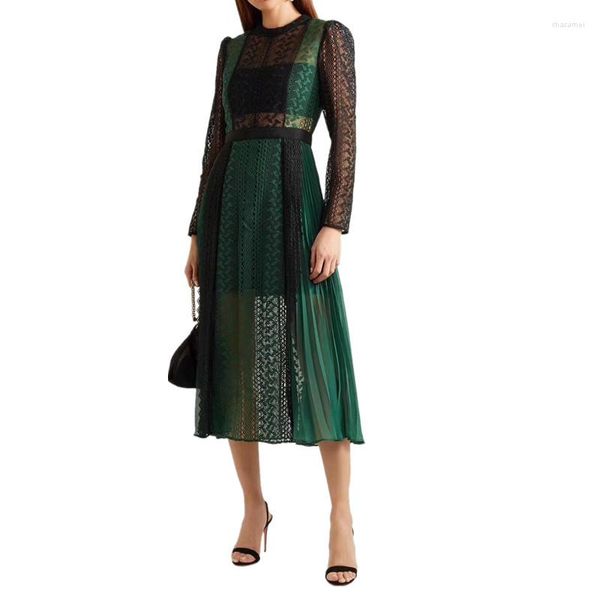 Abiti casual 2023 Summer Quality Women Long Sleeve Runway Dress Autunno Fashion Green Patchwork Pieghettato in pizzo Self Portrait Vestidos