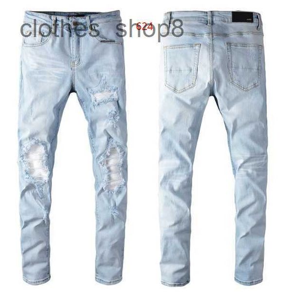 jeans jeans jeans jeans jeans amirres jeans calças de jeans de jeans azul de rua de jeans High Street Patch Slim Fit Elastic Preço 17h 17h