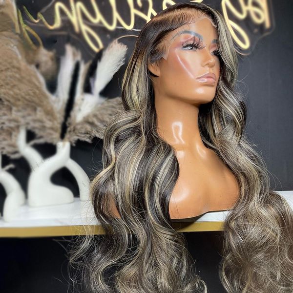 Longo destaque brasileiro loiro 13x4 Perucas frontais de renda onda de onda corporal Lace Front Wig preto /vermelho /branco Sintético Fechamento de renda perucas para mulheres