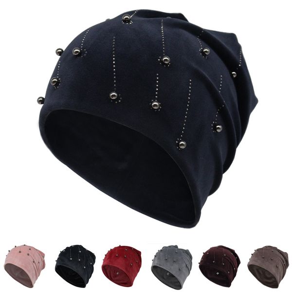 Morbido Cotone Autunno Primavera Beanie Cappelli Delle Ragazze Delle Donne Perla Strass Caldo Skullies Caps Turbante Bonnet Cappello Femminile Delle Signore HCS330