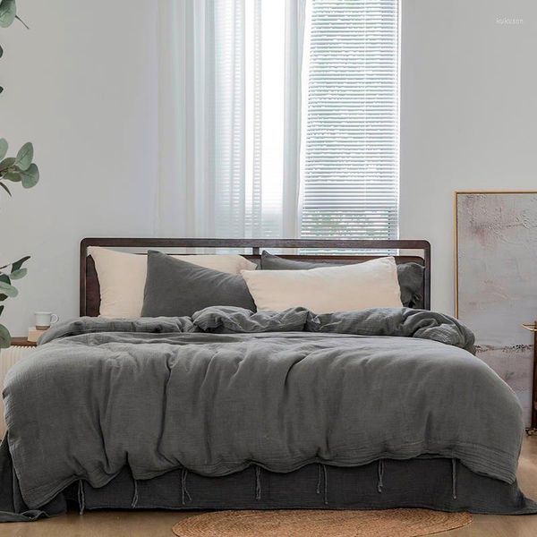 Bettwäsche-Sets, 4 Stück, gewaschene Baumwolle, grau-weiß, Bettbezug mit Seilverschluss, ultraweich, atmungsaktiv, Bettlaken in voller Größe, Kissenbezüge