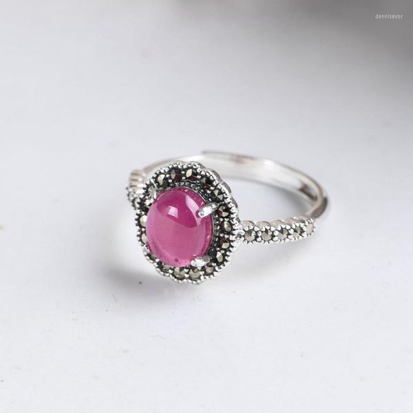 Ringos de cluster fnj Marcasite anel 925 prata ajustável S925 sólido para mulheres jóias rosa corundum zircão vermelho