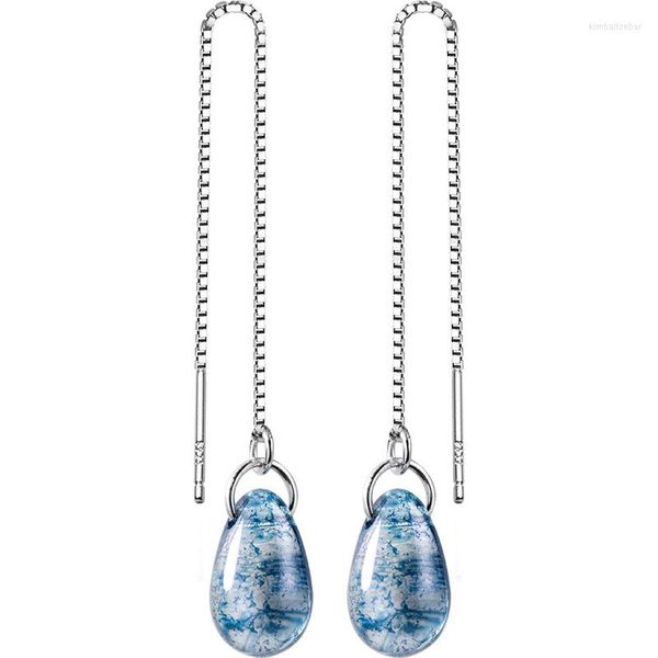 Brincos de balanço 925 Sterling Silver Tear Drop Blue Thread Gift 8 de março Jóias finas para jóias femininas