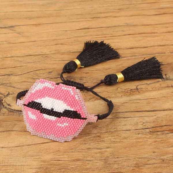 Link-Armbänder YASTYT Kreativer Stil Rosa Sexy Crooked Lips Armband Gewebte Kette mit schwarzer Quaste Schmuck Kristallperlen Mode