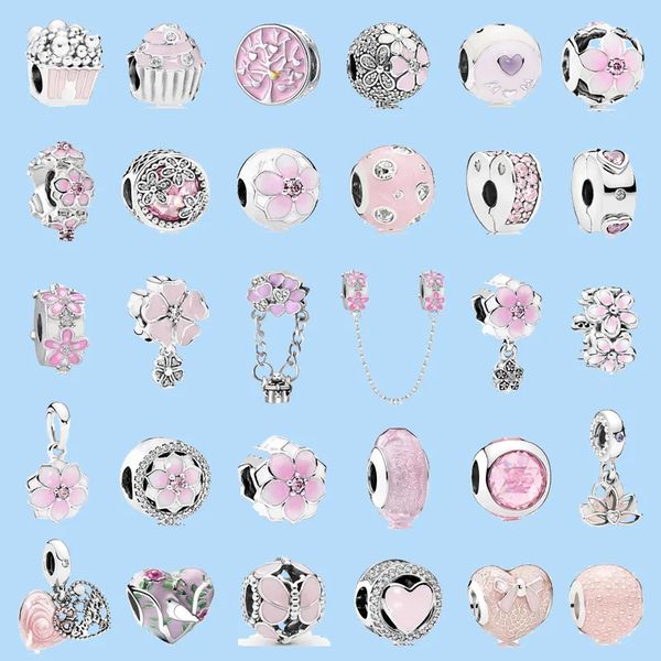 925 Sterling Silver Charms for Pandora Jewelry Beads Pink Peach Blossom Butterfly Love Series Pingente de contas originais