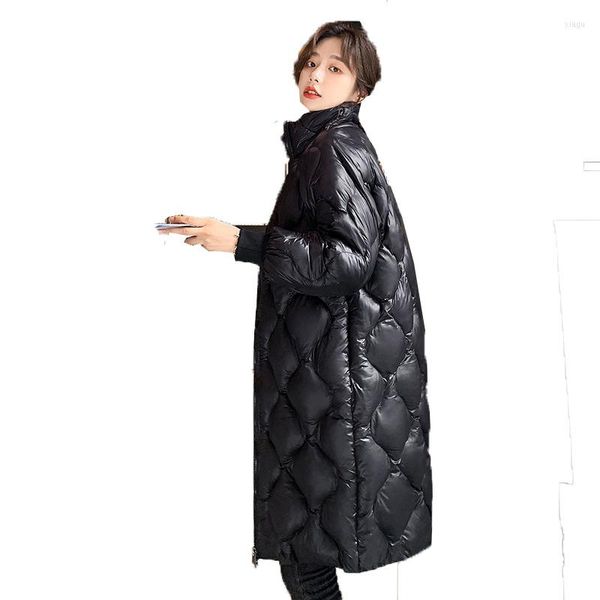 Cappotto da donna con colletto alla coreana di media lunghezza in cotone da donna in lana 2023 Cappotti lunghi imbottiti lucidi invernali Femme Cappotto caldo nero da ragazza 61