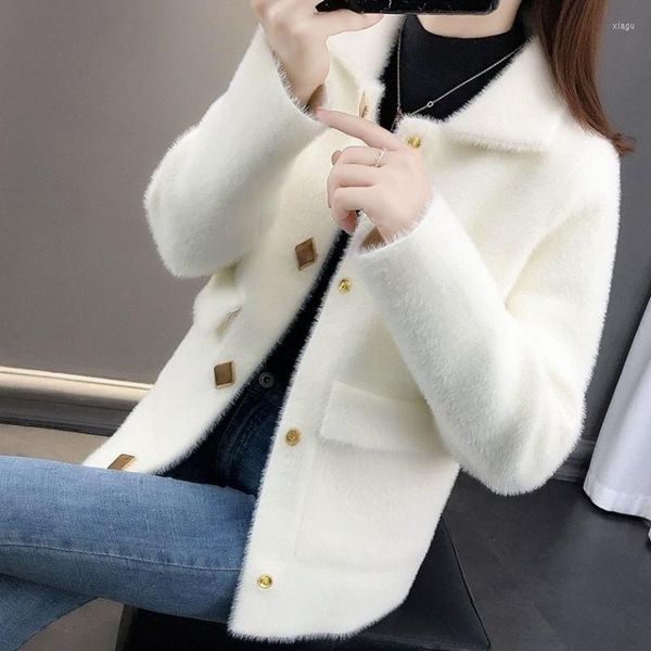 IMITAÇÃO DE Lã feminina Mink Velvet Coat Mulheres 2023 Primavera Autumn Autumn Mother Jackets Sweater Botões do Cardigan Feminino