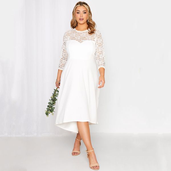 Kleider in Übergröße, Übergröße, 3/4-Spitzenärmel, Frühling und Herbst, elegantes Partykleid, Damen, weißes Flt-Flare-Midikleid, großes Hochzeitskleid zum Ausgehen, 230511