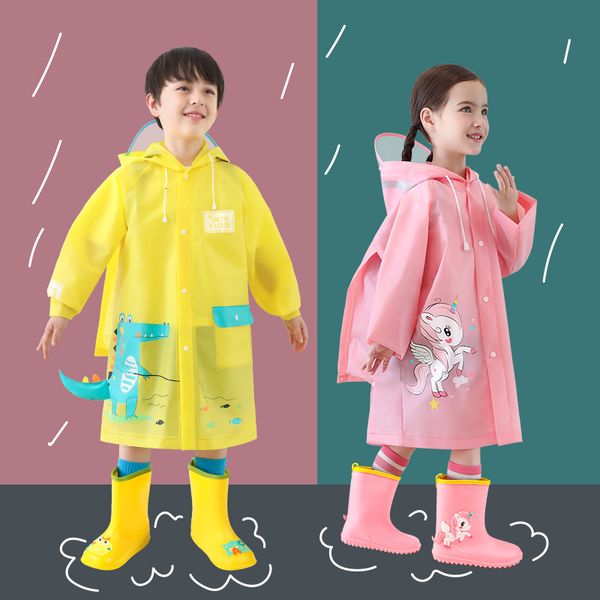 Rain Gear Cartoon Dinosaur Kids Rain Coat Bambini Poncho antivento Ragazzi Ragazze Rainwear Student Green Outdoor Waterproof Raincoats 230511