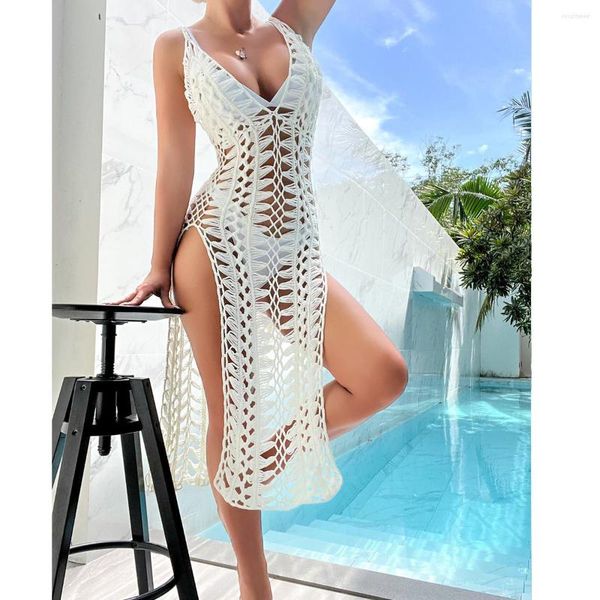 Vestido de banho feminina 2023 Crochet Beach Dress for Women Veja através de Sexy Deep V Neck Bikini Backless sem mangas Split Conclamação longa