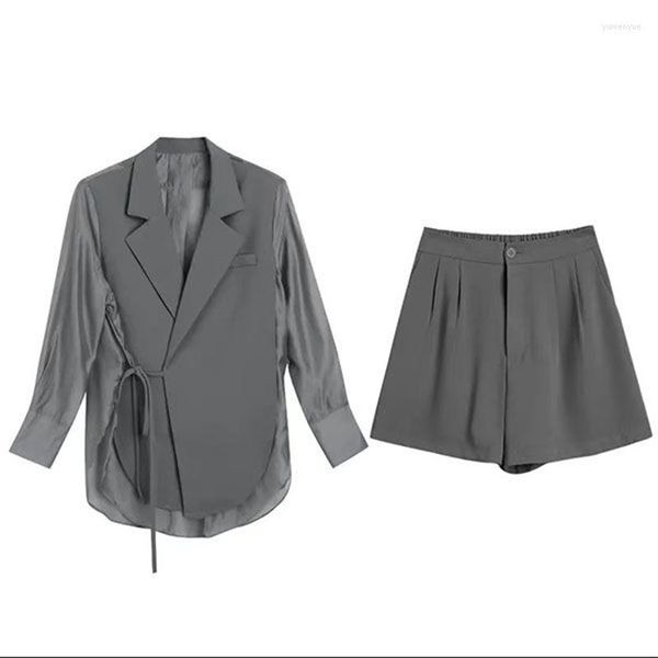 Damen-Trainingsanzüge, Frühling und Sommer, solide Blazer, zweiteiliges Set, Frauen, gekerbter Kragen, Chiffon-Patchwork, Schnürmäntel, weites Bein, Carog-Shorts