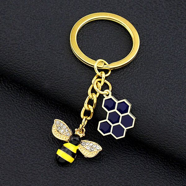 Mulheres fofas hexagon honeycomb shinestone Bee Keychain Casal Inseto Chans -Anel Chans Charm Saco de Tecking Acessórios