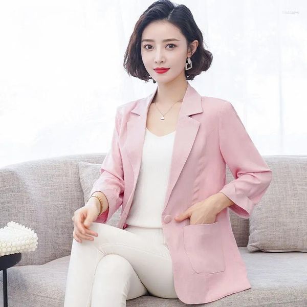 Damenanzüge Mode Rosa Blazer Femme Schlank Wild Temperament Eis Seide Baumwolle Leinen Jacke Eine Schnalle Frühling Weiße Frauen Tops Elegant