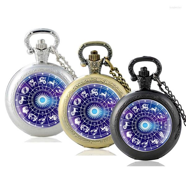 Relógios de bolso clássicos doze constelações astrologia de vidro cabochon quartzo assistir homens vintage homens mulheres colar hours clock hours relógio