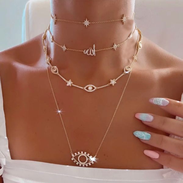 Colares pendentes Jóias de moda dourada Micro Pave Cz North Star Burstst Arabic Love Letter Women Link Chaker Charklace 230511