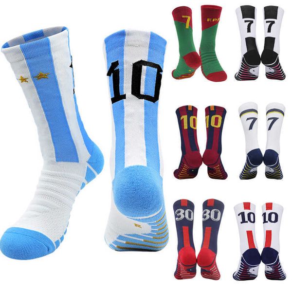 Calzini sportivi Blu Bianco Numero 10 # 7 # Calzini da calcio per bambini Calzini sportivi da calcio per uomo Corsa all'aperto Nylon traspirante ad asciugatura rapida antiscivolo P230511