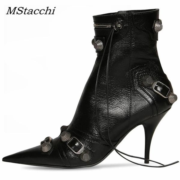 Stivali Donna Punta a punta Stivaletti Decorazione in metallo Punk Moto Botines Mujer Stivaletti da donna Rivetto Nappa Tacchi alti Scarpe 230511