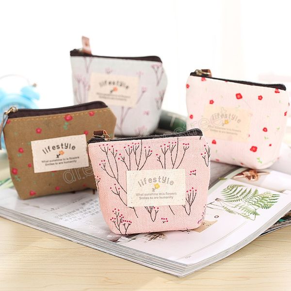 Mini portamonete motivo floreale Lady Girls Canvas Zipper Pouch cavo dati auricolare borsa in cotone sanitario borsa portaoggetti