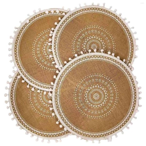 Masa Paspasları Yuvarlak Placemats Seti Yemek Odası Mutfak Dekoru (Beyaz Top) için Pompom Püsküllü 4 Boho Dokuma Jüt