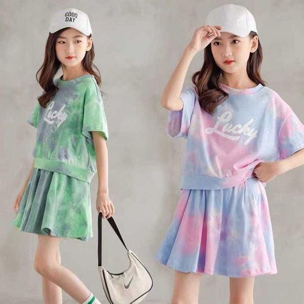 Наборы одежды 2pcs галстук Dye Summer Big Kids Baby Talk Girls Tops Tops Футболка+юбка для 10 11 12 13 14 15 15 16 лет 150 см рост 160 см AA230510