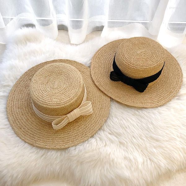 Cappelli a tesa larga Designer Handmade Summer Sun Hat Beach Paglia Protezione in rafia Black White Bow Cap Nature Color Sweet Flat