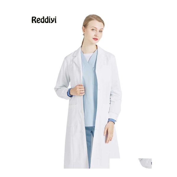 Dispositivi di protezione individuale per le donne d'affari Uniforme da dottoressa Camice da laboratorio bianco Costume da infermiera Donne Estetista Abiti da lavoro Slim Me Dh4Qi