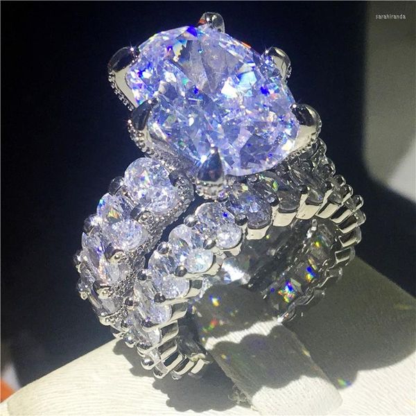 Anelli a grappolo fatti a mano con taglio ovale 8ct Cz Ring Sets 925 Sterling Silver Engagement Wedding Band per donna Uomo Vintage Party Jewelry