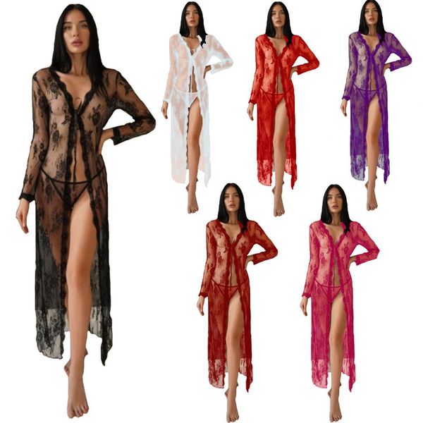 Roupa de banho sexo renda praia vestido cobrir + g string feminino sexy renda guarnição kimono cardigan verão sheer beachwear maiô para biquíni