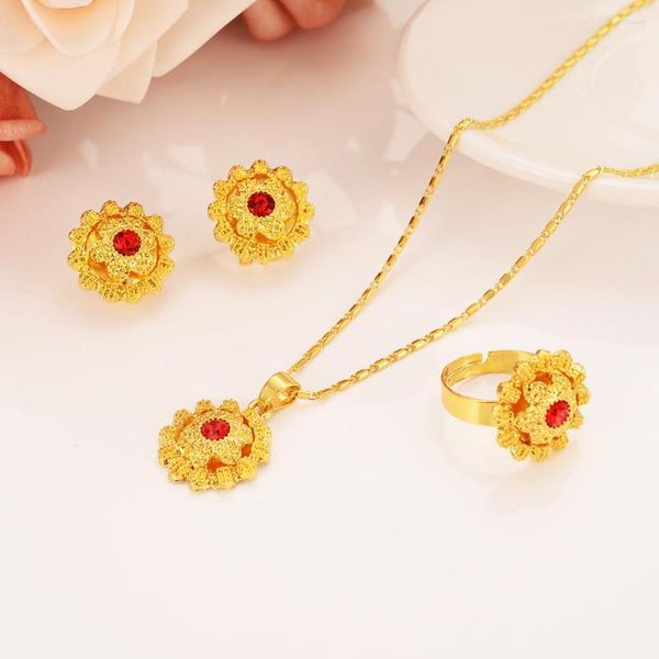 Brincos de colar Set Africa Dubai India Gold Colors Gold Sets CZ Pedra vermelha Tamanho grátis anel Habesha Jeia Eritreia Holiday Gifts