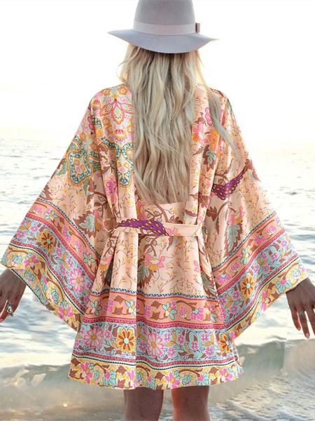 Badebekleidung Happie Queens Vintage Peacock Blumendruck Schärpe Bohemian Kimono Frauen gegen Hals Batwing -Ärmel Kurzer Robe Boho Bikini Coverups