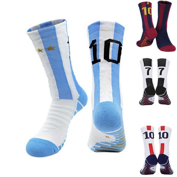 Sportsocken Nummer Blau Weiß 10# 7# Fußballsocken Männer Erwachsene Fußball Sport Outdoor Laufen Radfahren Schnell trocknend Atmungsaktives Nylon Rutschfest P230511