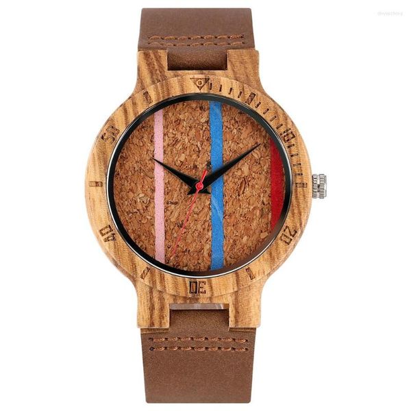 Relógios de pulso elegantes quartzo homens assistem listras coloridas de cortiça madeira discagem de zebrawood castanha marrom genuíno relógio strap macho