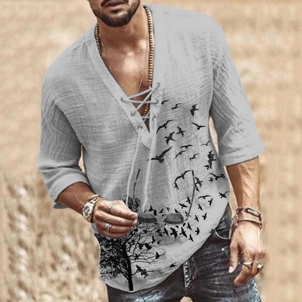 Мужские повседневные рубашки мужская пустота льна негабаритная рубашка летняя мужская сексуальная глубокая v -шейная повязка мужская одежда твердый цвет Хеменс 230511