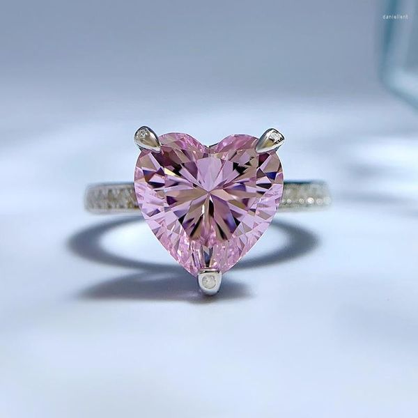 Anelli a grappolo SpringLady 2023 925 Argento 10 Anello a forma di cuore con diamanti rosa ad alto tenore di carbonio Moda semplice