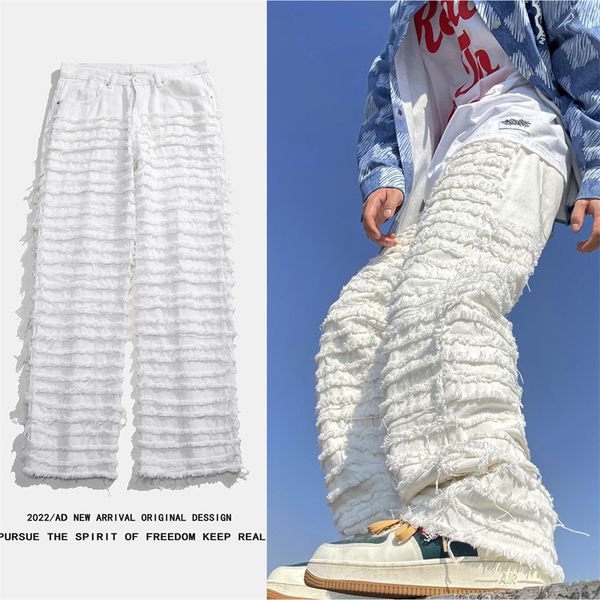 Мужские джинсы Американская уличная хип -хоп тяжелая промышленность разорванная весенняя прямая свободная атмосфера Скейтборд Белые расклешенные брюки 230511