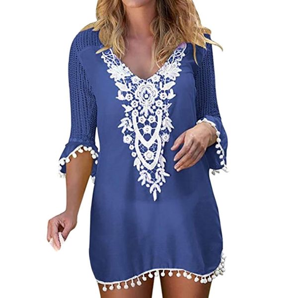 Bademode Vintage Frauen Strand Kleid Solide Mesh CoverUps Beachwear Damen Pom Trim Quaste Bademode Halbe Hülse Bade Cover Up