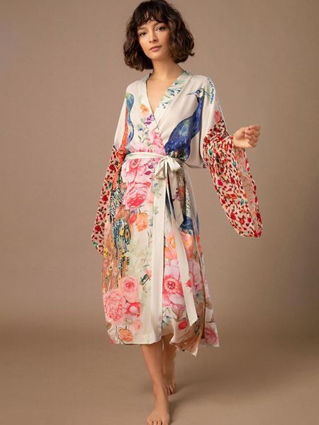 Mayo plajı Kimono Kadınlar için Peocock Baskılı Mayo Örtün Kendi Kuşak Sargı Elbiseleri Deniz Yemeği Takımları Plaj Giyim