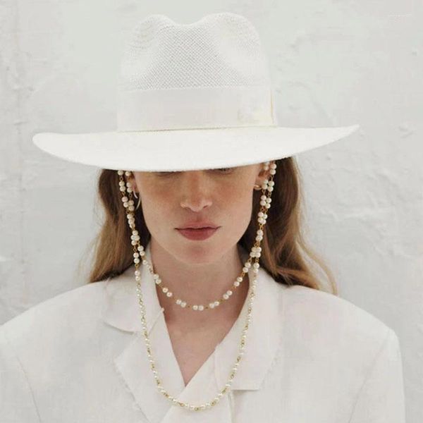 Chapéus largos de borda Desig -Chain Strap Fedora Hat for Women Summer Sun com pescoço Pearls Sunshade Beach Ladies Raffia Wedding