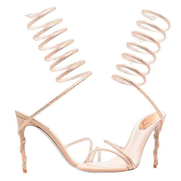 RENE CAOVILLA Cleo offene Zehensandalen mit Kristallverzierung, Spiral-Wickelsandalen mit verschlungenen Strass-Sandalen für Damen, hochwertige Regenbogen-Stiletto-Heels-Schuhe XXOXXO