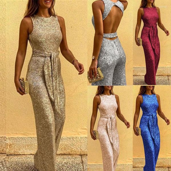 Zweiteiliger Hosen-Overall für Damen, runder Ausschnitt, ärmellos, Persönlichkeit, Pailletten, silberner Punkt, weibliche Kleidung, modisch, rückenfrei, in voller Länge, sexy