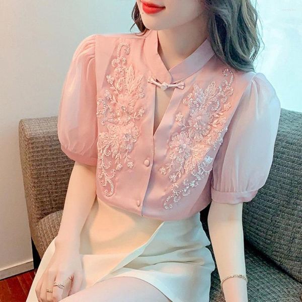 Bloups feminina feminina Camisa de miçangas de renda feminina 2023 Design de moda coreana de verão de chiffon de manga curta Tops Slim Temperament Sweet Ladies