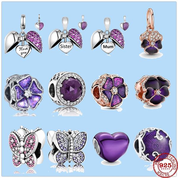 Ciondoli in argento sterling 925 per perline di gioielli Pandora Purple Sister Mum Nan Dangle Butterfly Love Beads